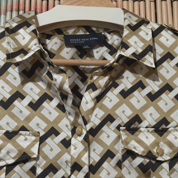 JONES NEW YORK Signature Button-Down Pointed Collar Blouse, Geometric Multi, L - Picture 3 of 16